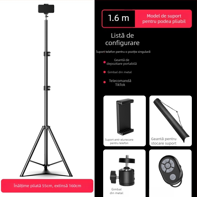 Trepied pentru telefon mobil pentru live streaming cu telecomandă Bluetooth, corp din aliaj, design universal