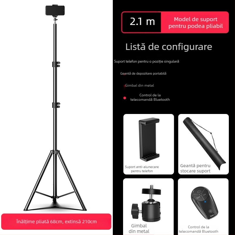 Trepied pentru telefon mobil pentru live streaming cu telecomandă Bluetooth, corp din aliaj, design universal
