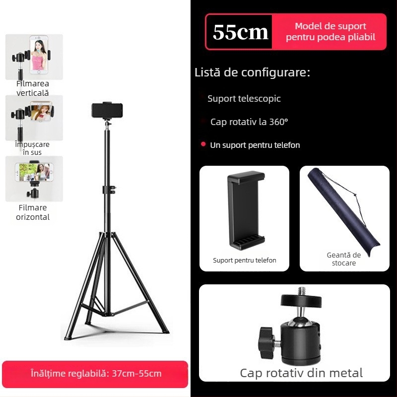 Trepied pentru telefon mobil pentru live streaming cu telecomandă Bluetooth, corp din aliaj, design universal