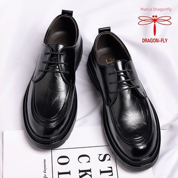 Pantofi pentru bărbați din piele naturală, 100%, șiret, vârf rotund, talpă groasă, stil britanic, potriviți pentru interviuri și nunți
