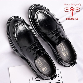 Pantofi pentru bărbați din piele naturală, 100%, șiret, vârf rotund, talpă groasă, stil britanic, potriviți pentru interviuri și nunți