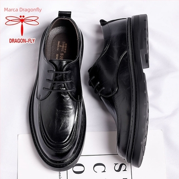 Pantofi pentru bărbați din piele naturală, 100%, șiret, vârf rotund, talpă groasă, stil britanic, potriviți pentru interviuri și nunți