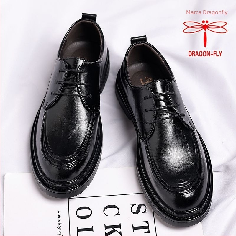 Pantofi pentru bărbați din piele naturală, 100%, șiret, vârf rotund, talpă groasă, stil britanic, potriviți pentru interviuri și nunți