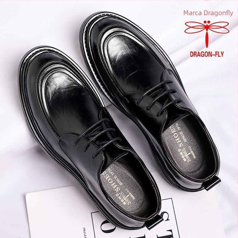 Pantofi pentru bărbați din piele naturală, 100%, șiret, vârf rotund, talpă groasă, stil britanic, potriviți pentru interviuri și nunți