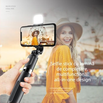 Bețișor selfie Bluetooth pentru telefon, lumină LED încorporată, tijă telescopică și trepied - aliaj de aluminiu, telecomandă