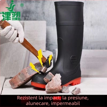 Cizme de ploaie cu vârf din oțel, gleznă înaltă, rezistente la ulei, acizi și alcalii, partea superioară din PVC, talpă antiderapantă
