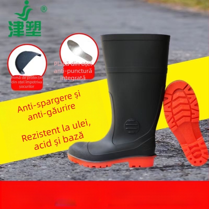 Cizme de ploaie cu vârf din oțel, gleznă înaltă, rezistente la ulei, acizi și alcalii, partea superioară din PVC, talpă antiderapantă