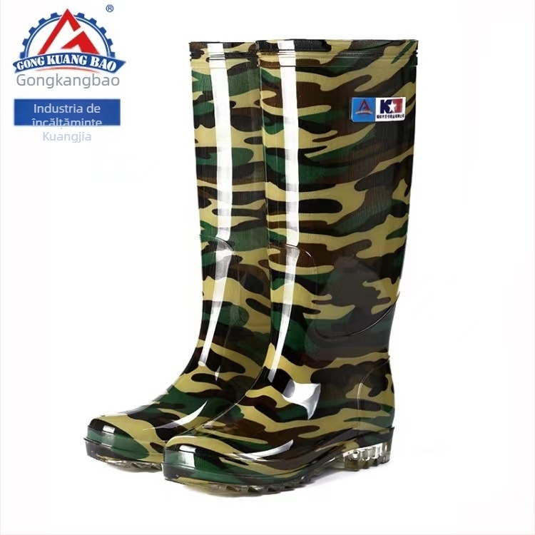 Ghete de ploaie pentru bărbați, înalte, model camuflaj, PVC partea superioară, talpă turnată prin injecție