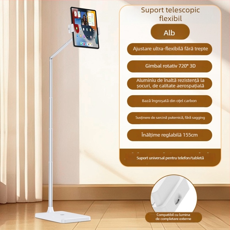 Suport de podea pentru telefoane și tablete, cu înălțime reglabilă și lungime a brațului – universal, aliaj + ABS