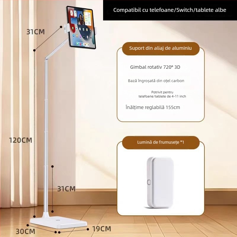 Suport de podea pentru telefoane și tablete, cu înălțime reglabilă și lungime a brațului – universal, aliaj + ABS