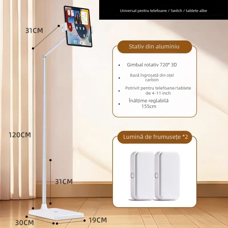 Suport de podea pentru telefoane și tablete, cu înălțime reglabilă și lungime a brațului – universal, aliaj + ABS