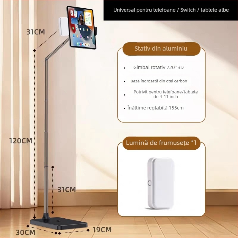 Suport de podea pentru telefoane și tablete, cu înălțime reglabilă și lungime a brațului – universal, aliaj + ABS