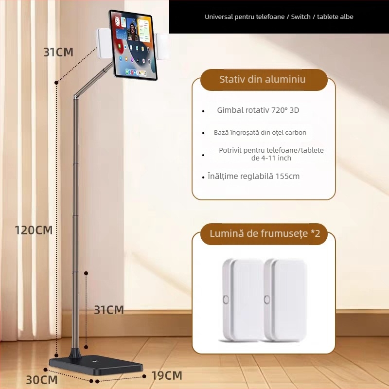 Suport de podea pentru telefoane și tablete, cu înălțime reglabilă și lungime a brațului – universal, aliaj + ABS