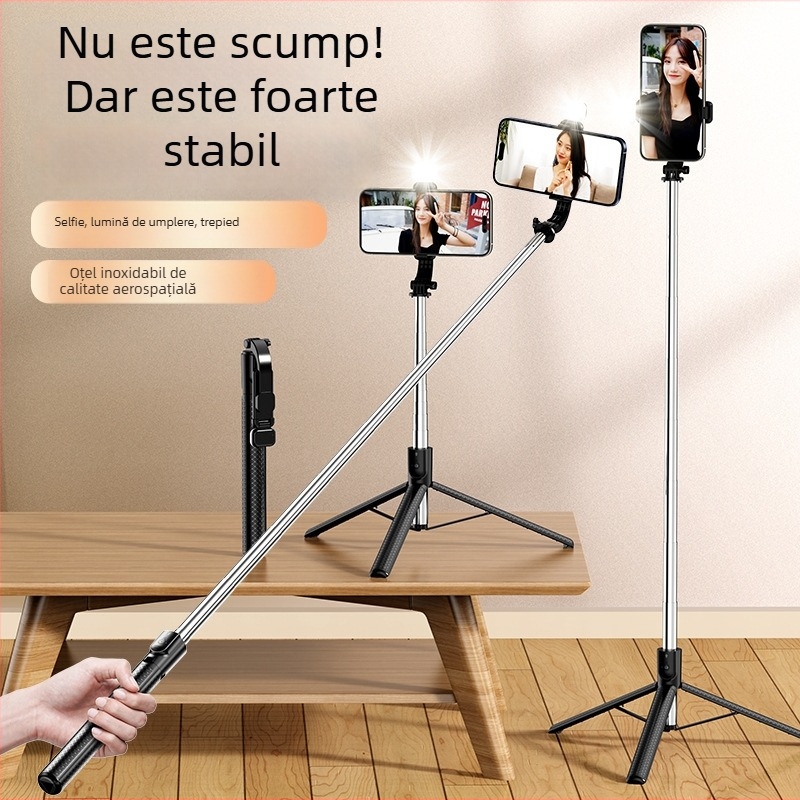 Selfie Stick cu trepied integrat în formă de umbrelă și iluminare, telecomandă Bluetooth (10 m), anti-tremur