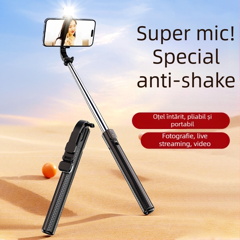 Selfie Stick cu trepied integrat în formă de umbrelă și iluminare, telecomandă Bluetooth (10 m), anti-tremur