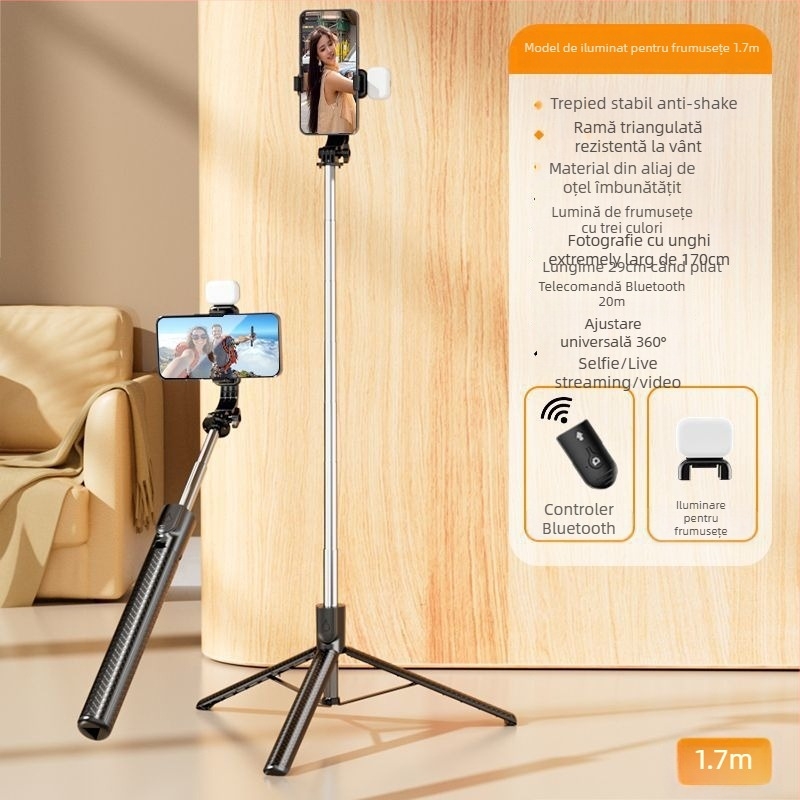 Selfie Stick cu trepied integrat în formă de umbrelă și iluminare, telecomandă Bluetooth (10 m), anti-tremur