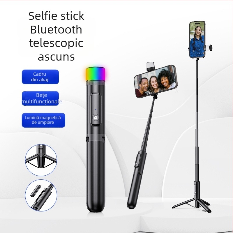 Buffy Selfie Stick Bluetooth cu Antișoc, Lumină de Umplere și Trepied din Aluminiu pentru Telefon
