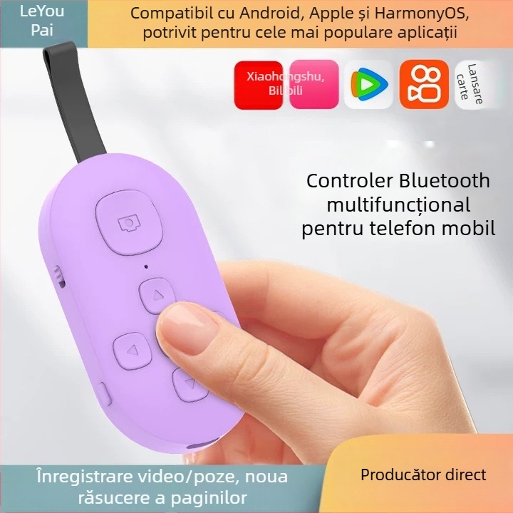 Telecomandă Bluetooth cu funcția de derulare a paginilor și selfie cu un singur clic — DY08, 200mAh, USB-C, rază 15m, ABS mat, compatibil Android/iOS