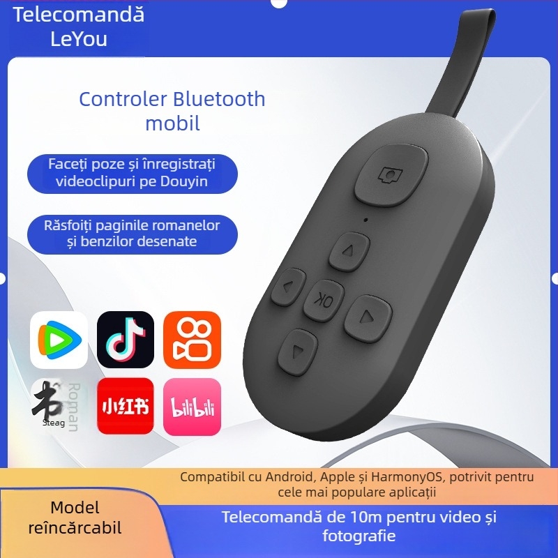 Telecomandă Bluetooth cu funcția de derulare a paginilor și selfie cu un singur clic — DY08, 200mAh, USB-C, rază 15m, ABS mat, compatibil Android/iOS