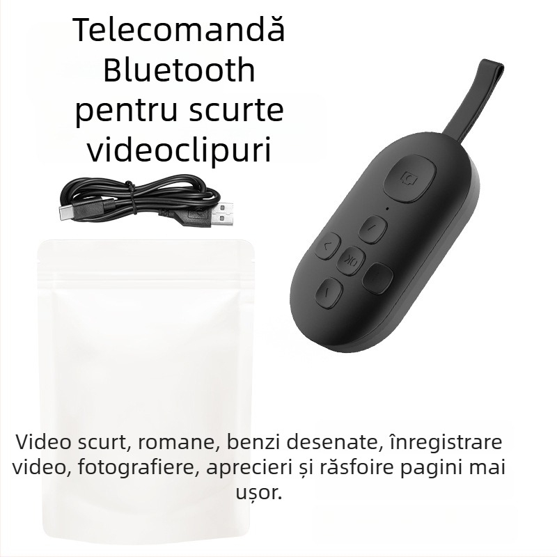 Telecomandă Bluetooth cu funcția de derulare a paginilor și selfie cu un singur clic — DY08, 200mAh, USB-C, rază 15m, ABS mat, compatibil Android/iOS