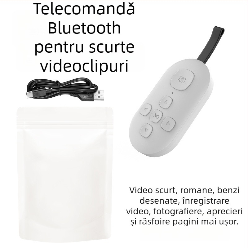 Telecomandă Bluetooth cu funcția de derulare a paginilor și selfie cu un singur clic — DY08, 200mAh, USB-C, rază 15m, ABS mat, compatibil Android/iOS