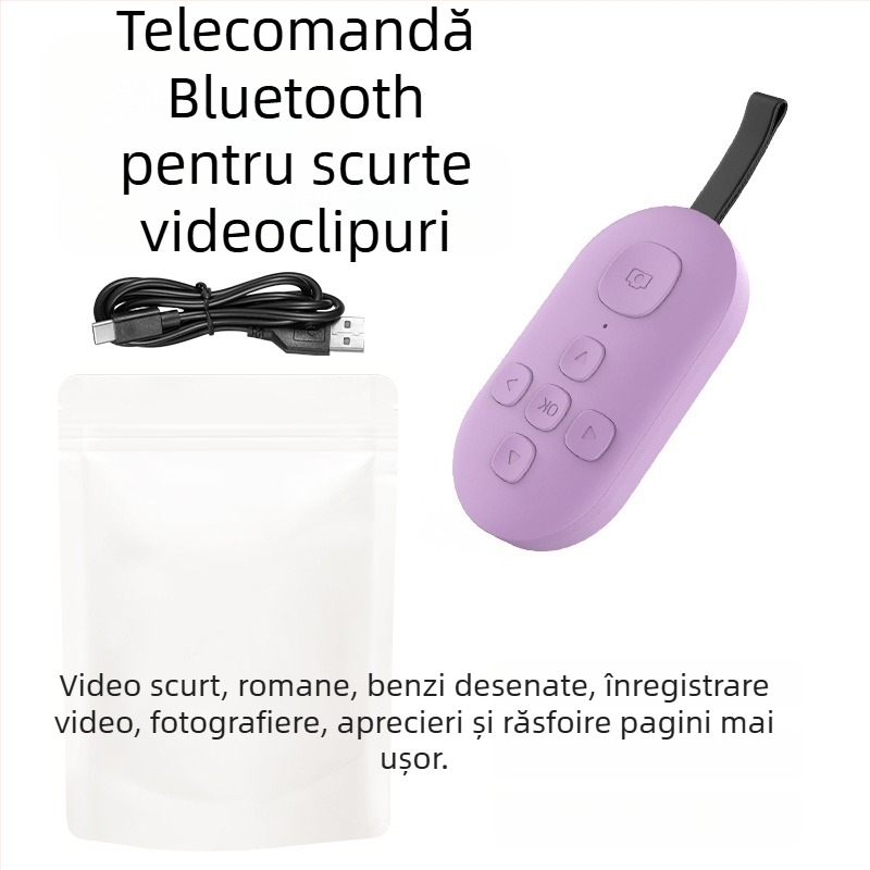 Telecomandă Bluetooth cu funcția de derulare a paginilor și selfie cu un singur clic — DY08, 200mAh, USB-C, rază 15m, ABS mat, compatibil Android/iOS