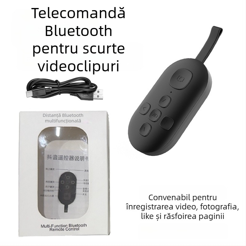 Telecomandă Bluetooth cu funcția de derulare a paginilor și selfie cu un singur clic — DY08, 200mAh, USB-C, rază 15m, ABS mat, compatibil Android/iOS