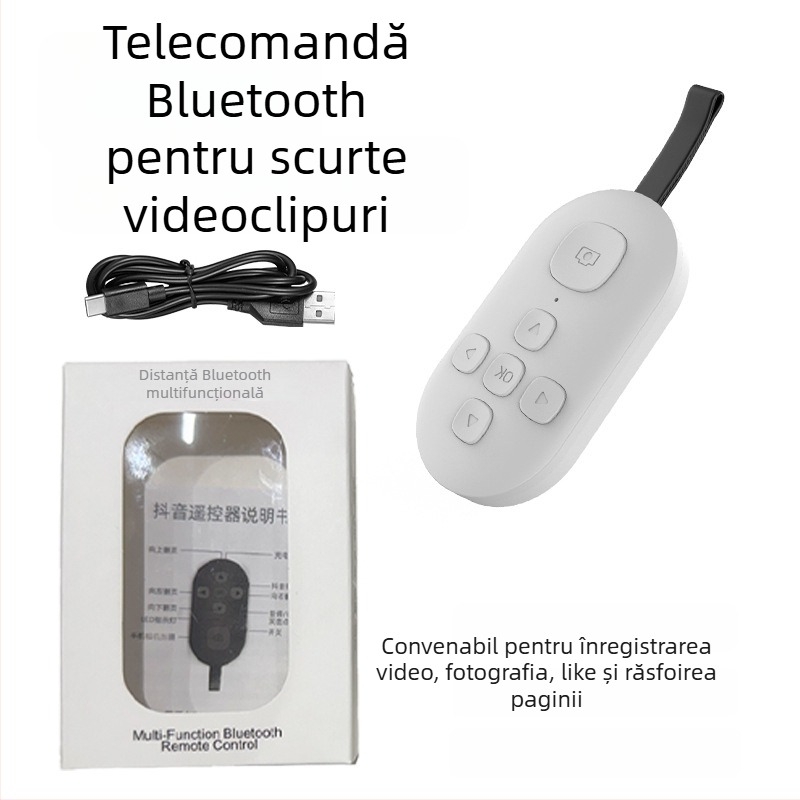 Telecomandă Bluetooth cu funcția de derulare a paginilor și selfie cu un singur clic — DY08, 200mAh, USB-C, rază 15m, ABS mat, compatibil Android/iOS