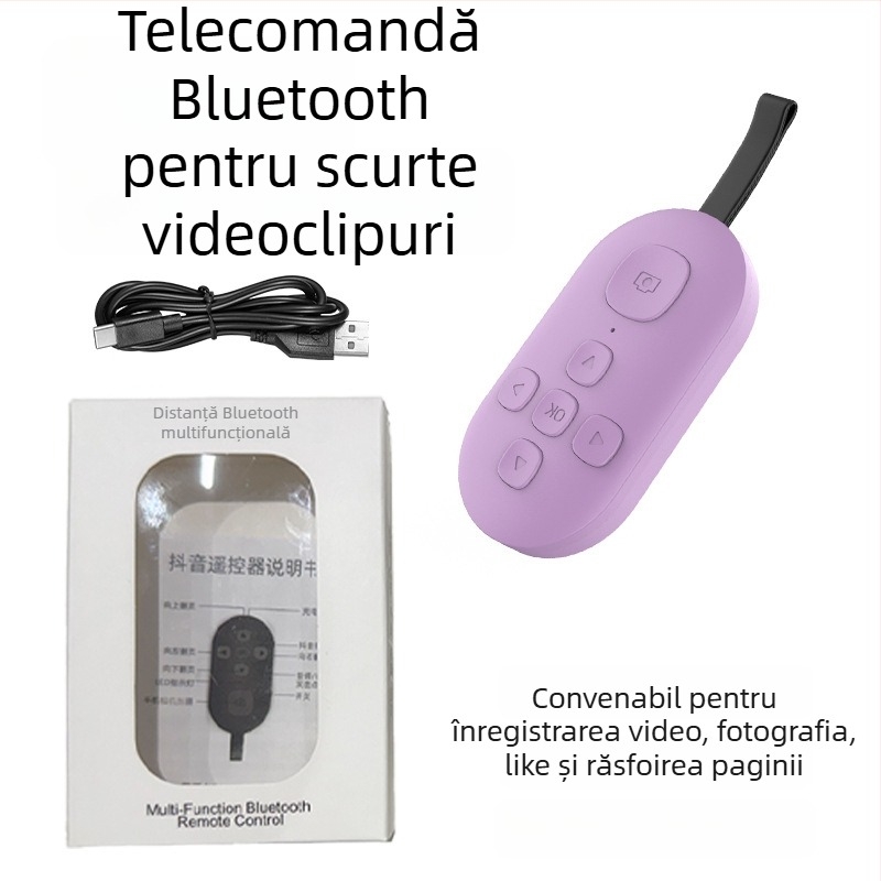 Telecomandă Bluetooth cu funcția de derulare a paginilor și selfie cu un singur clic — DY08, 200mAh, USB-C, rază 15m, ABS mat, compatibil Android/iOS