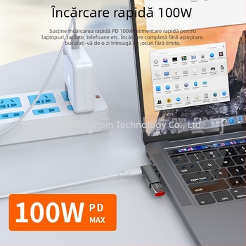 Adaptor Type-C 90° cu două porturi, încărcare rapidă PD100W, USB 3.0, OTG, carcasă din aliaj de zinc