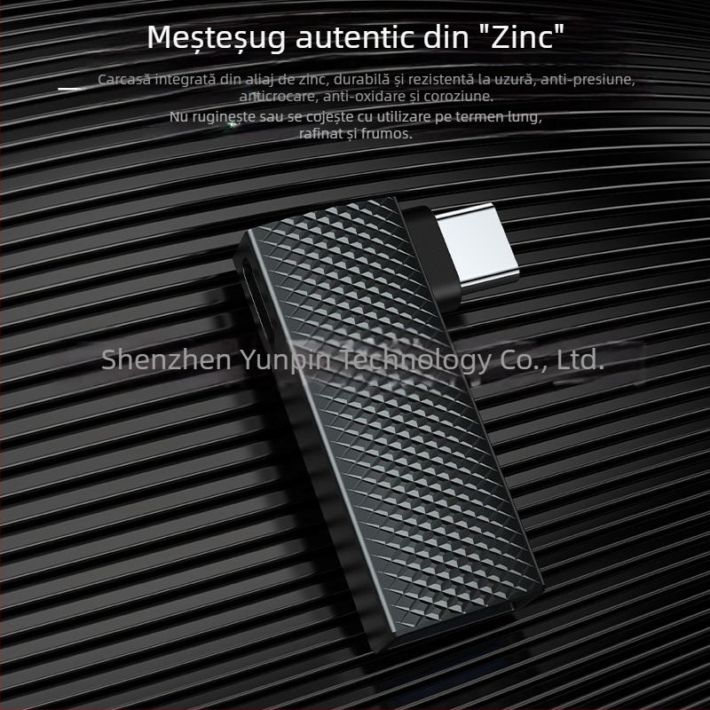 Adaptor Type-C 90° cu două porturi, încărcare rapidă PD100W, USB 3.0, OTG, carcasă din aliaj de zinc