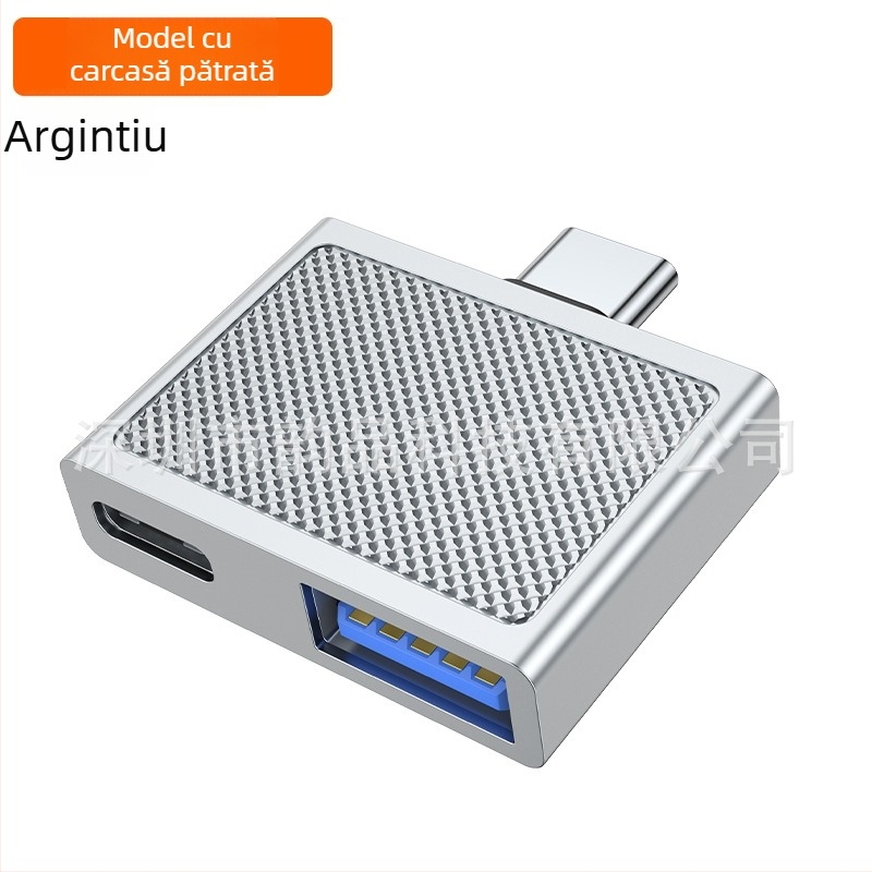 Adaptor Type-C 90° cu două porturi, încărcare rapidă PD100W, USB 3.0, OTG, carcasă din aliaj de zinc