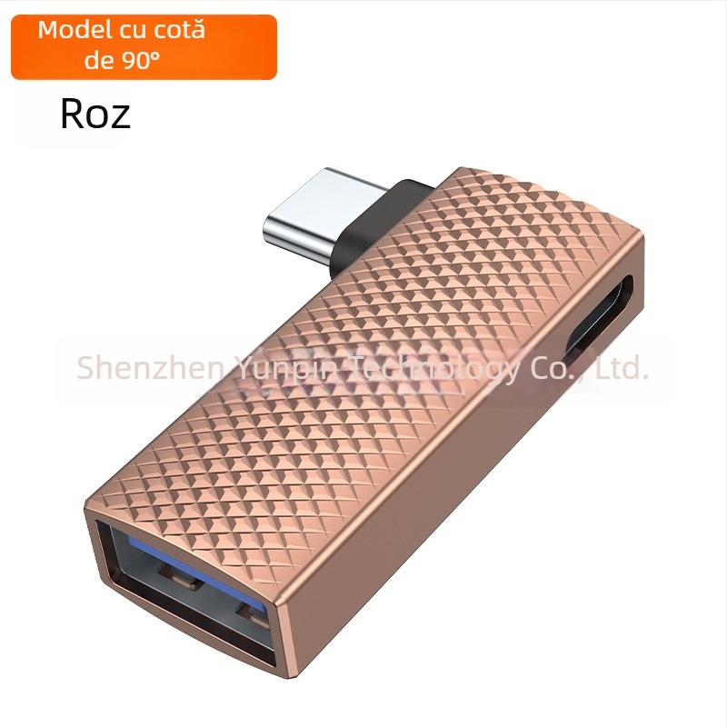 Adaptor Type-C 90° cu două porturi, încărcare rapidă PD100W, USB 3.0, OTG, carcasă din aliaj de zinc