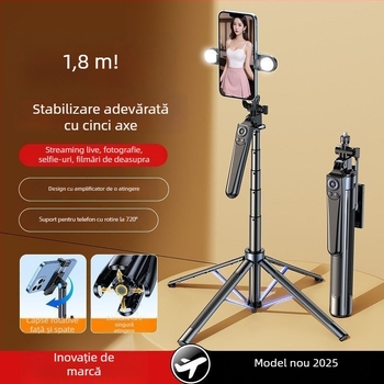 Trepied selfie cu patru picioare, cu șase axe, rotire la 360° pentru călătorii, vlog și streaming live