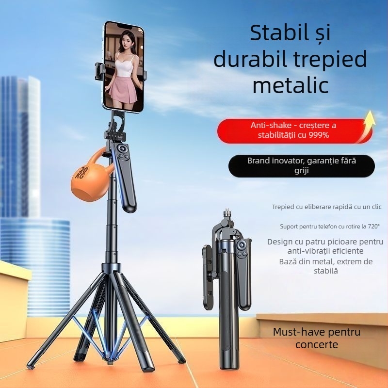 Trepied selfie cu patru picioare, cu șase axe, rotire la 360° pentru călătorii, vlog și streaming live