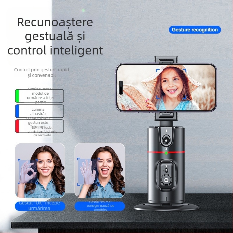 Gimbal pentru telefon cu recunoaștere facială, urmărire panoramică 360°, suport de birou, telecomandă Bluetooth inclusă, stabilizare imagine
