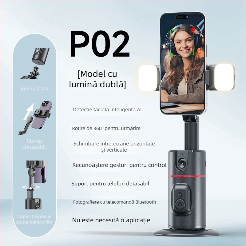 Gimbal pentru telefon cu recunoaștere facială, urmărire panoramică 360°, suport de birou, telecomandă Bluetooth inclusă, stabilizare imagine