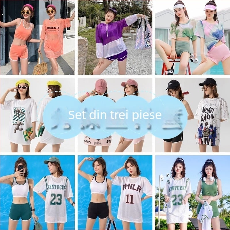 Costum de baie trei piese, imprimeu ursuleț în stil coreean, cu burete la bust, țesătură milk silk cu 92% spandex