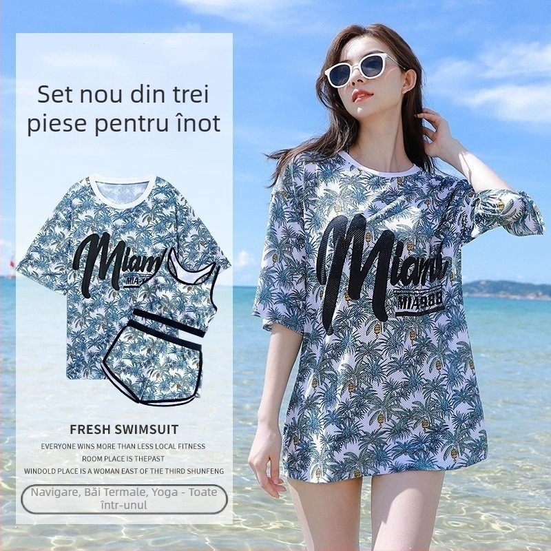 Costum de baie trei piese, imprimeu ursuleț în stil coreean, cu burete la bust, țesătură milk silk cu 92% spandex