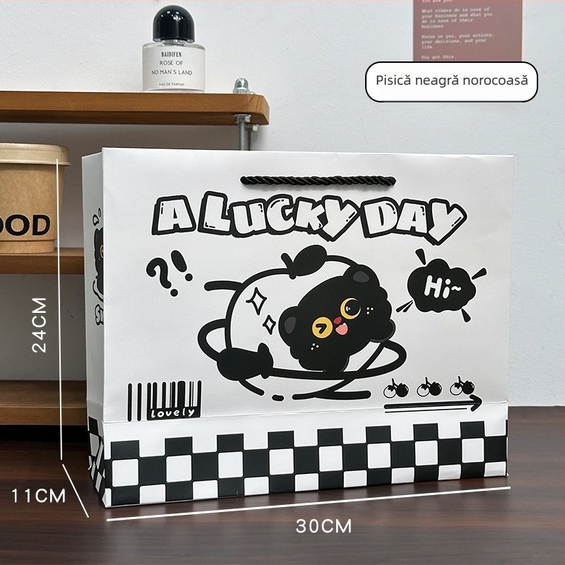 Geantă de cadouri din carton cu design cartoon, material carton, imprimare disponibilă, gata de utilizare și personalizabilă, posibilitatea imprimării logo-ului, pentru ambalarea deserturilor și milk tea