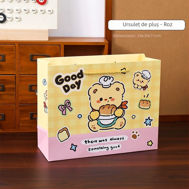 Geantă de cadouri din carton cu design cartoon, material carton, imprimare disponibilă, gata de utilizare și personalizabilă, posibilitatea imprimării logo-ului, pentru ambalarea deserturilor și milk tea