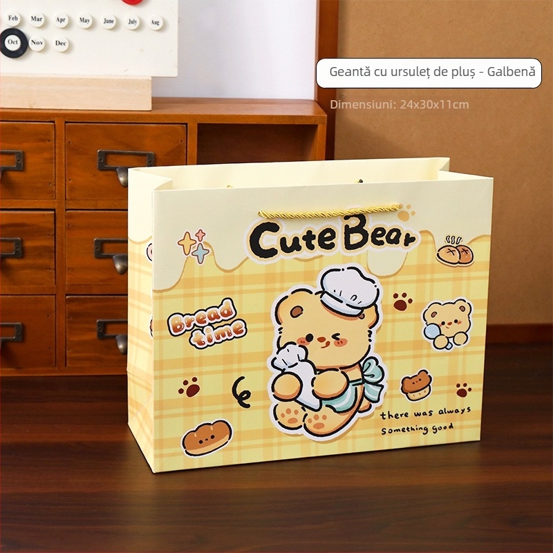 Geantă de cadouri din carton cu design cartoon, material carton, imprimare disponibilă, gata de utilizare și personalizabilă, posibilitatea imprimării logo-ului, pentru ambalarea deserturilor și milk tea