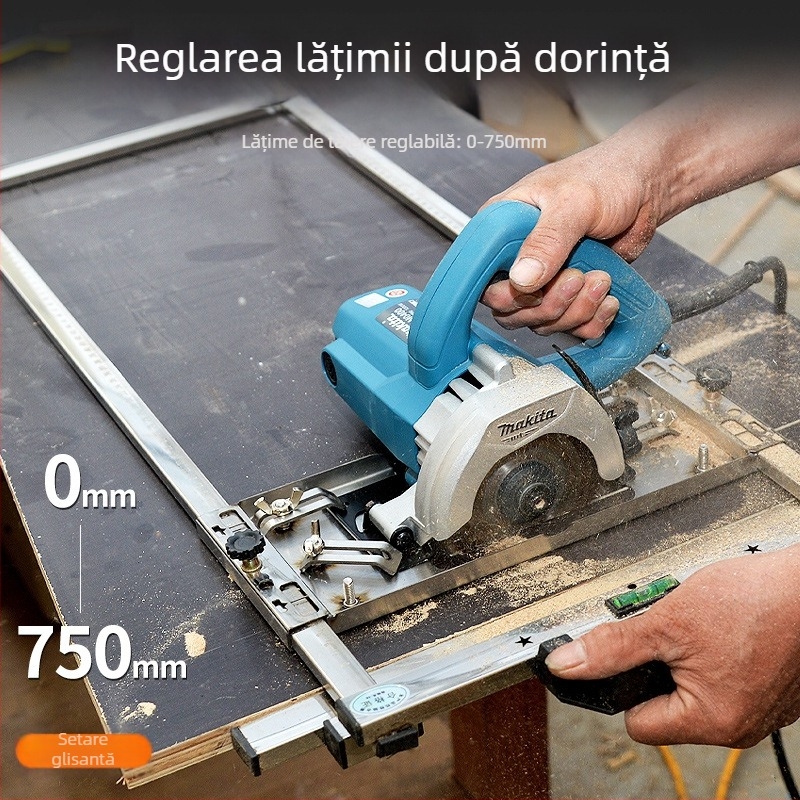 Unealtă pentru tăierea și finisarea plăcilor din lemn, cu fierăstră portabil și suport de poziționare