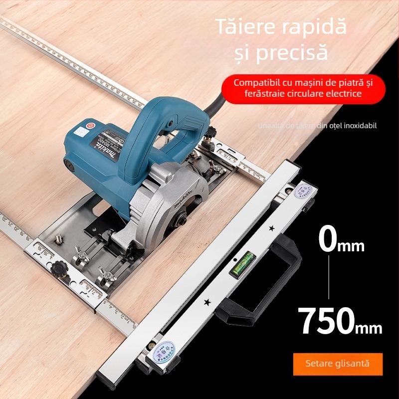 Unealtă pentru tăierea și finisarea plăcilor din lemn, cu fierăstră portabil și suport de poziționare