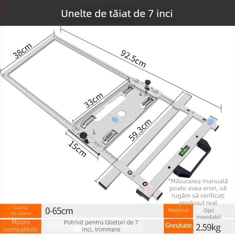 Unealtă pentru tăierea și finisarea plăcilor din lemn, cu fierăstră portabil și suport de poziționare