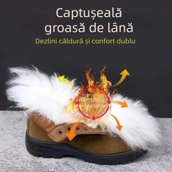 Ghete de iarnă din piele naturală, căptușite cu lână, talpă din cauciuc antiderapant, vârf rotund