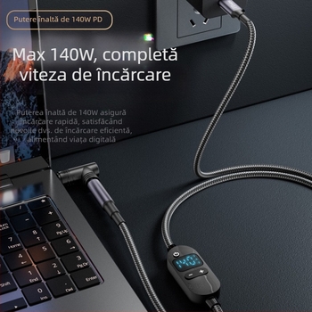 Cablu DC către Type-C pentru laptop cu afișaj digital, tensiune reglabilă, 140W PD, cablu împletit