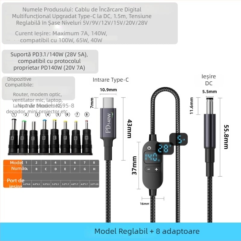 Cablu DC către Type-C pentru laptop cu afișaj digital, tensiune reglabilă, 140W PD, cablu împletit