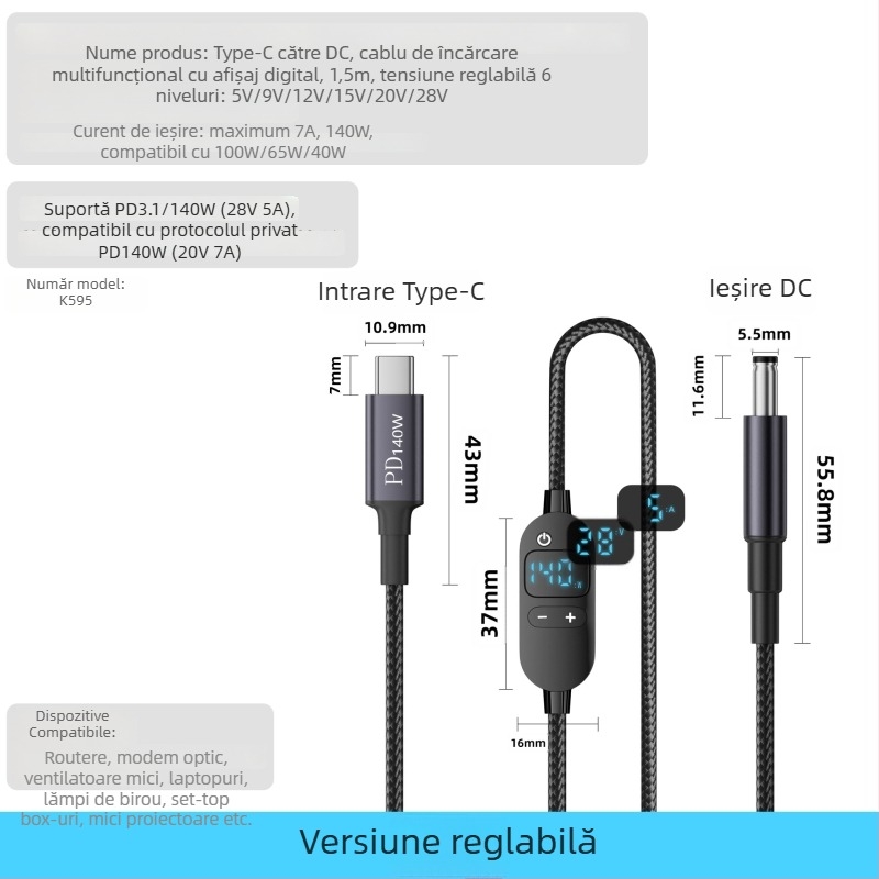 Cablu DC către Type-C pentru laptop cu afișaj digital, tensiune reglabilă, 140W PD, cablu împletit