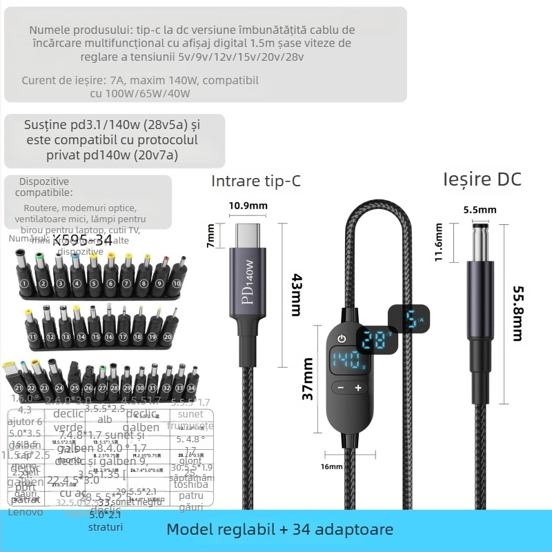 Cablu DC către Type-C pentru laptop cu afișaj digital, tensiune reglabilă, 140W PD, cablu împletit